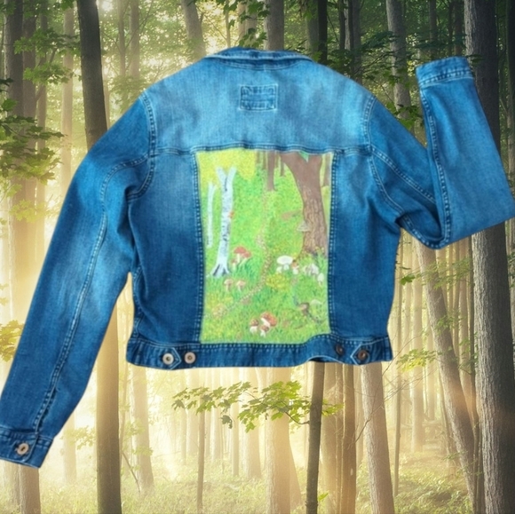 Hand painted Indie mushrooms fairy core nature scene unique cropped jean jacket - Picture 1 of 9